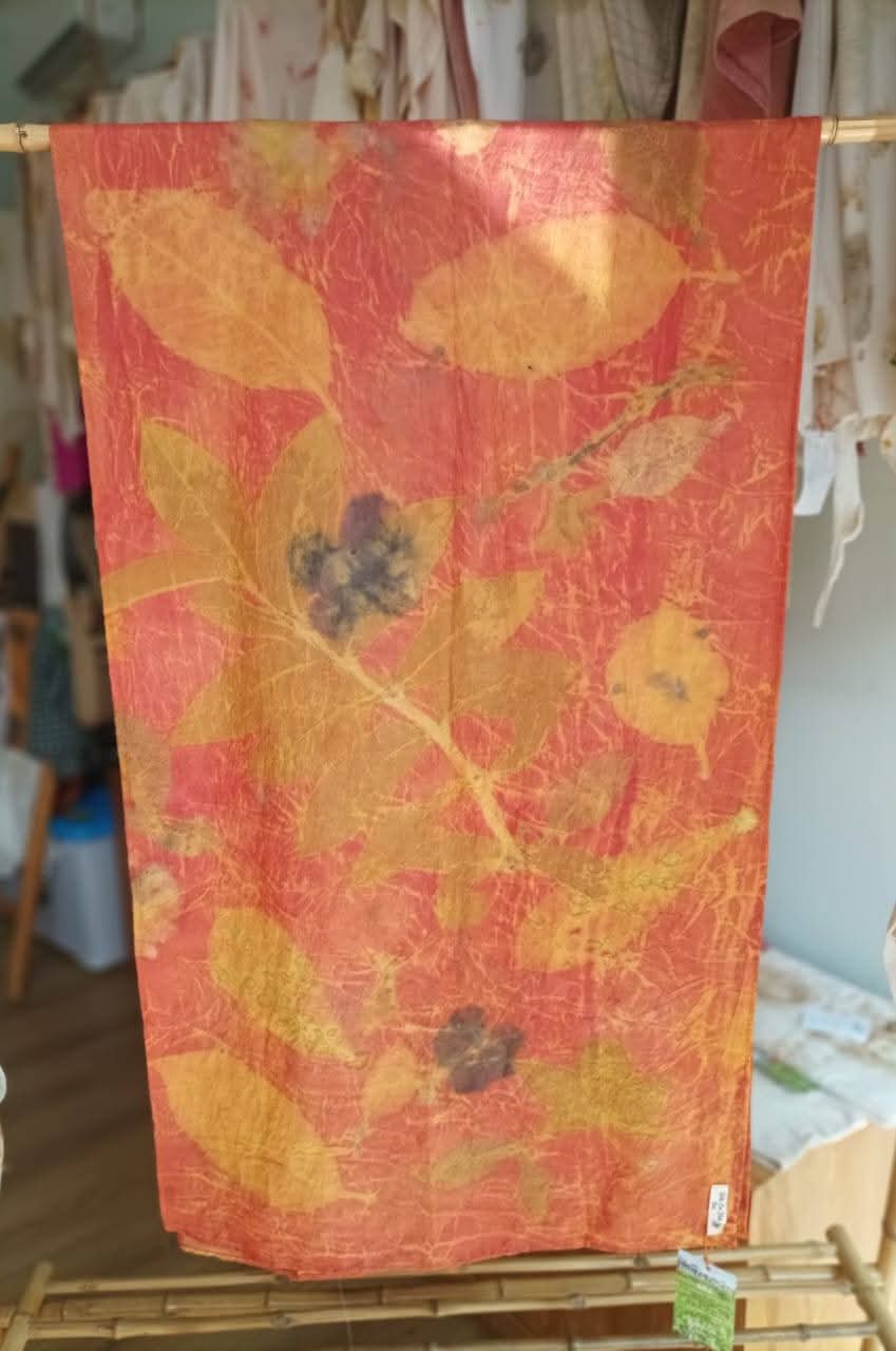 The Ratna Sari Yellow, Pink, Blue & Green Leaves Organic Cotton Silk Shawl